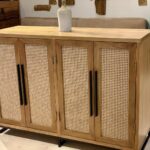 بوفيه خشب طبيعي بأربعة أبواب خيزران وقاعدة معدنية (Modern Wood & Cane Sideboard)