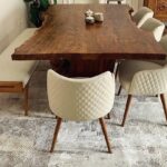 طقم طاولة طعام بحواف حية مع بنك/دكة خشبية وكراسي كابيتونيه (Live Edge Walnut Dining Table Set with Bench & Tufted Chairs)