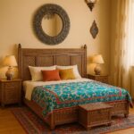 سرير خشبي فاخر بخلفية جدارية تراثية محفورة بأسلوب المشربية (Royal Heritage Wooden Bed with Carved Wall Panel) (نسخة)