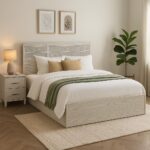 سرير خشبي مودرن بتشطيب أبيض معتق ونقوش سنبلة (Modern Whitewashed Canopy Bed with Herringbone Accents)