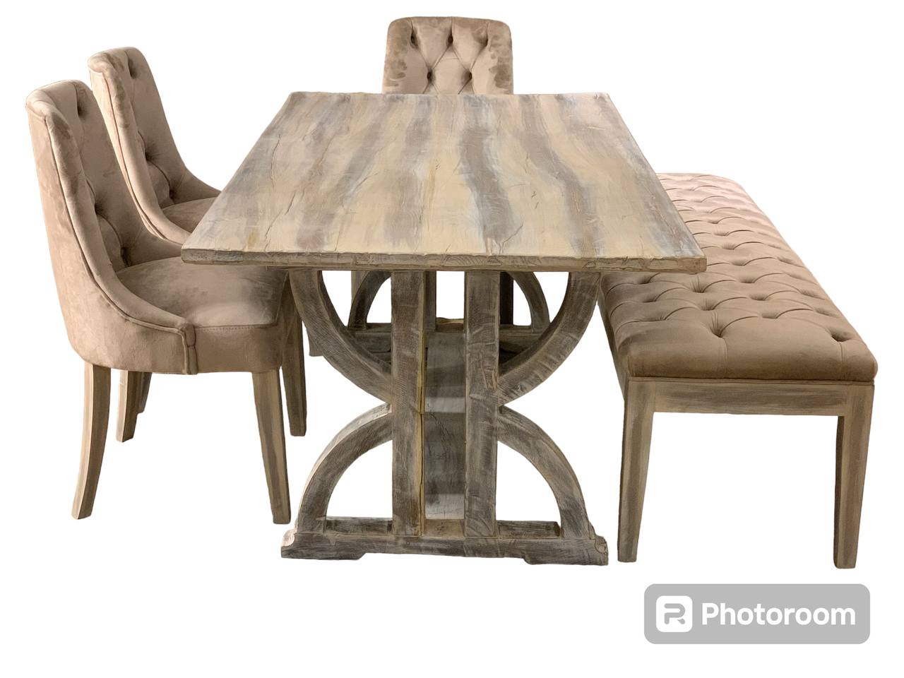 5913383017370470311 طقم غرفة طعام ريفية فاخرة مع بوفيه وكراسي كابيتونيه (Rustic Farmhouse Dining Set with Buffet) - الصورة 1